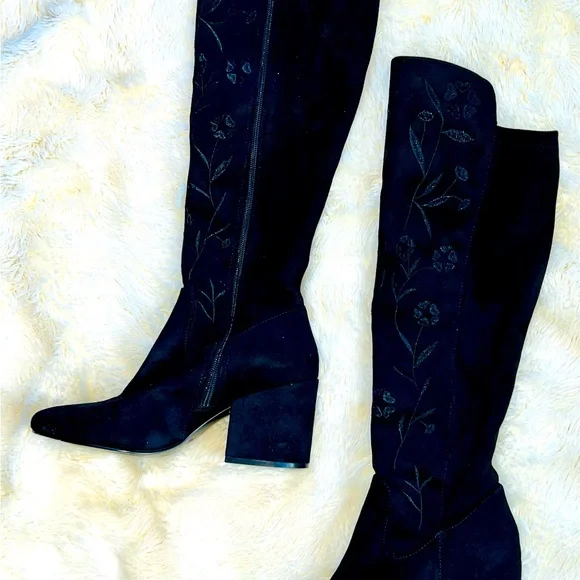 CAFE NOIR Embroidered Knee High Women’s Black Suede Boots, Italian Made EU37 US7 - Picture 3 of 8